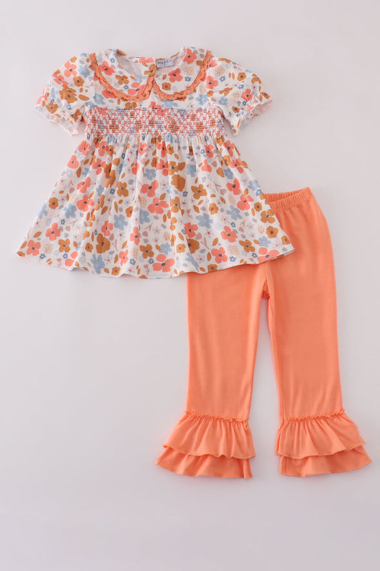 Floral print smocked ruffle pants set