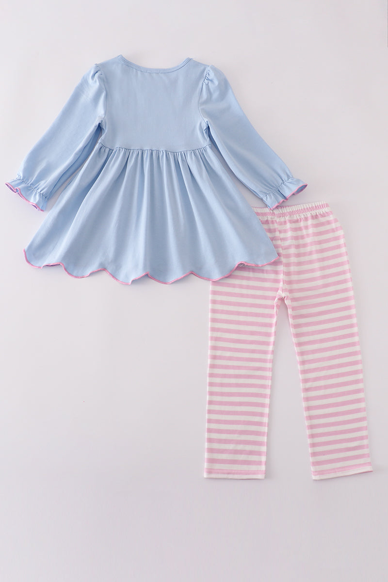 Blue airplane embroidery stripe ruffle pants set