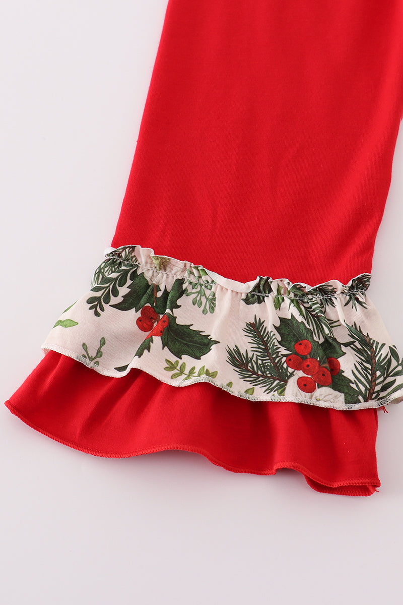 Green holly floral smocked ruffle pants set