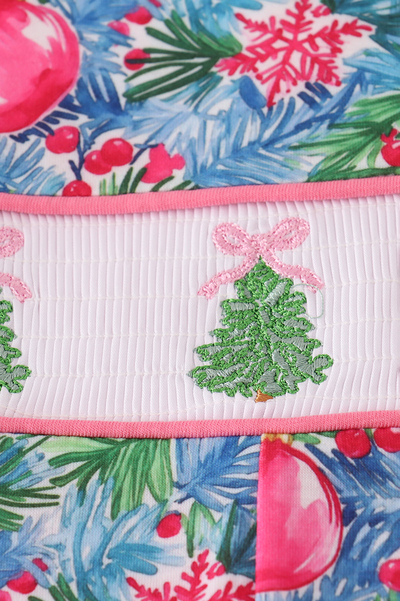Blue christmas tree smocked ruffle jumpsuit set