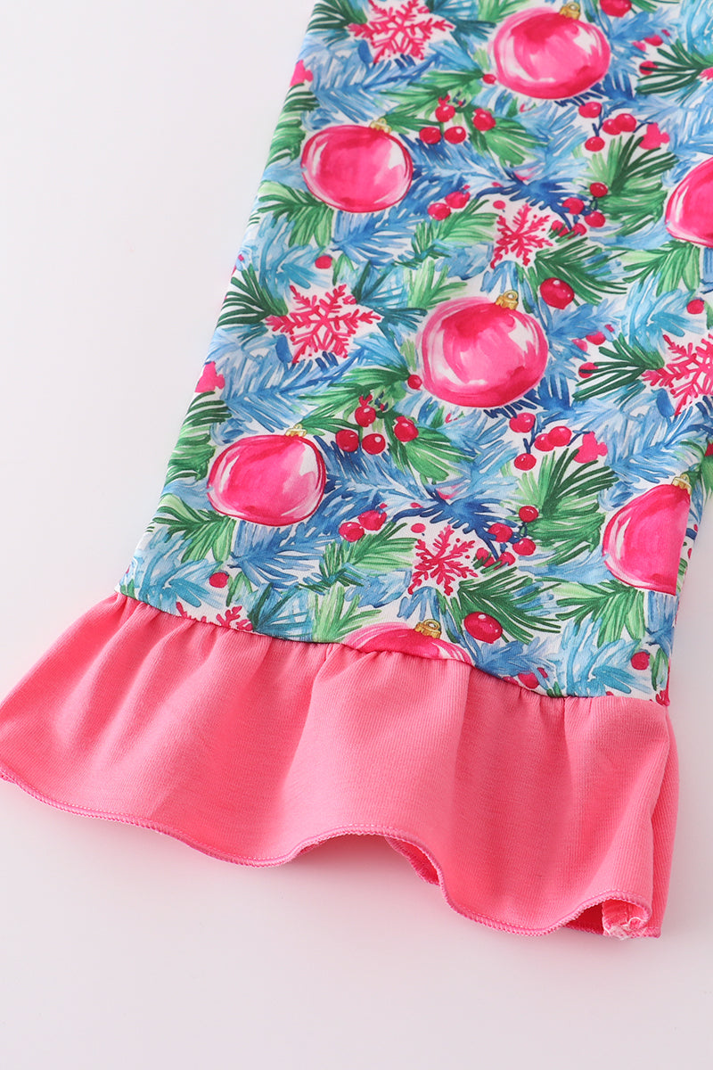 Blue christmas tree smocked ruffle jumpsuit set