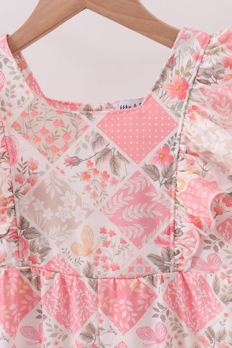 Pink floral checkered ruffle jumpsuit