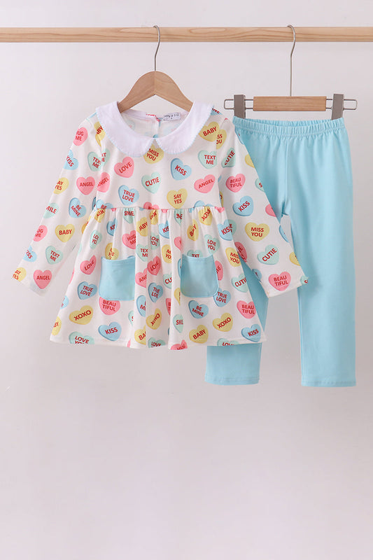 Blue heart print pocket pants set