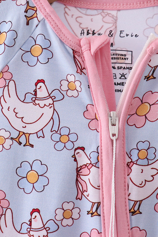 Blue chicken floral print pajama romper
