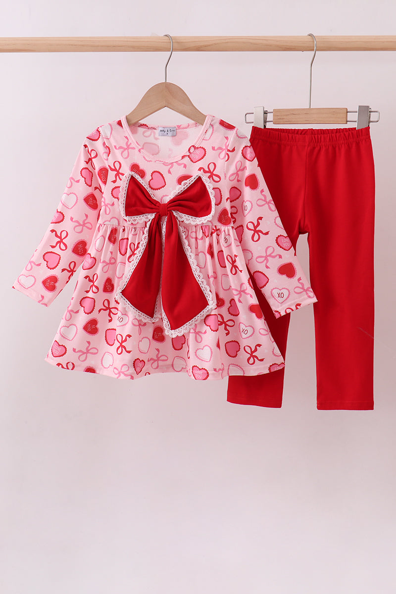 Red heart bow print pants set