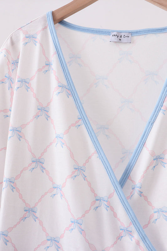 Blue bow ribbon print dress