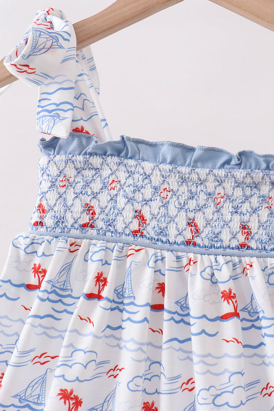 Blue Sailboat Smocked Dress