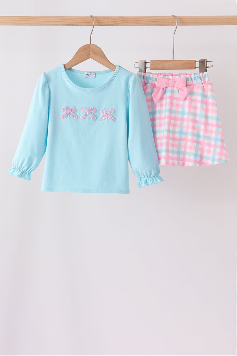 Blue bow french knot plaid skorts set