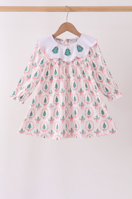 Pink Christmas Tree Embroidery Dress