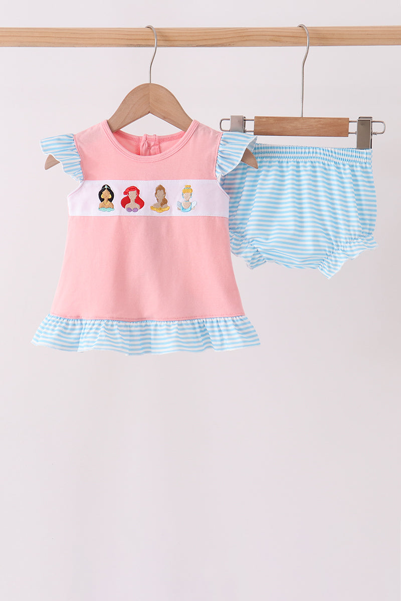 Pink Princess Embroidery Stripe Ruffle Bloomer Set