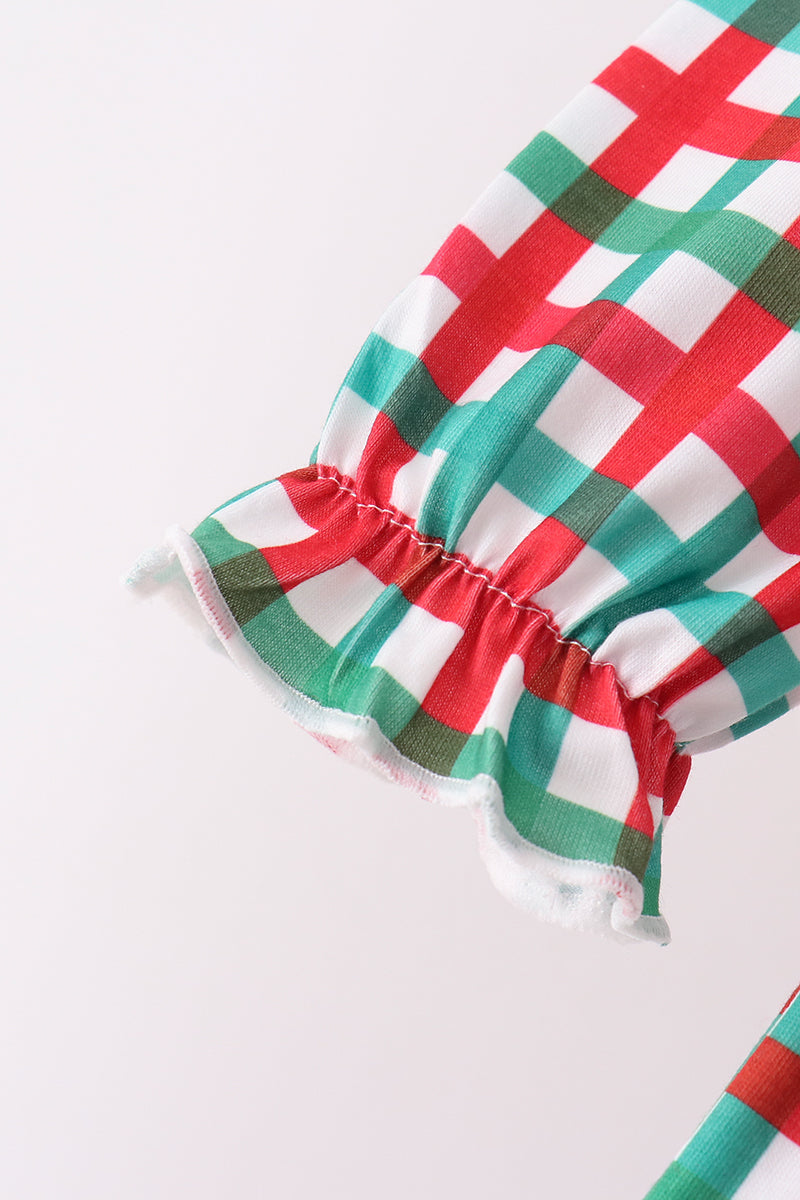 Red Character Embroidery Gingham Ruffle Pants Set