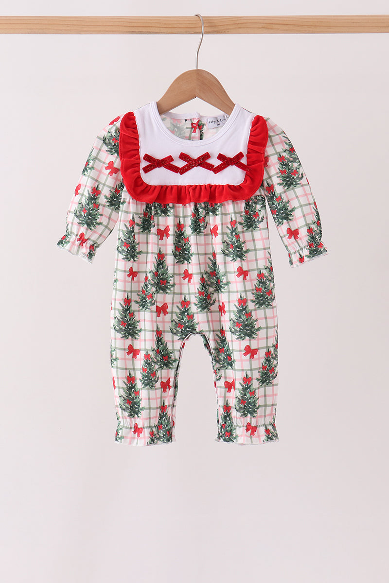 Red Bow Embroidery Velvet Ruffle Romper