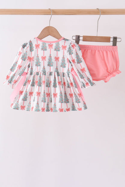 Pink Christmas Tree Embroidery Bloomer Set