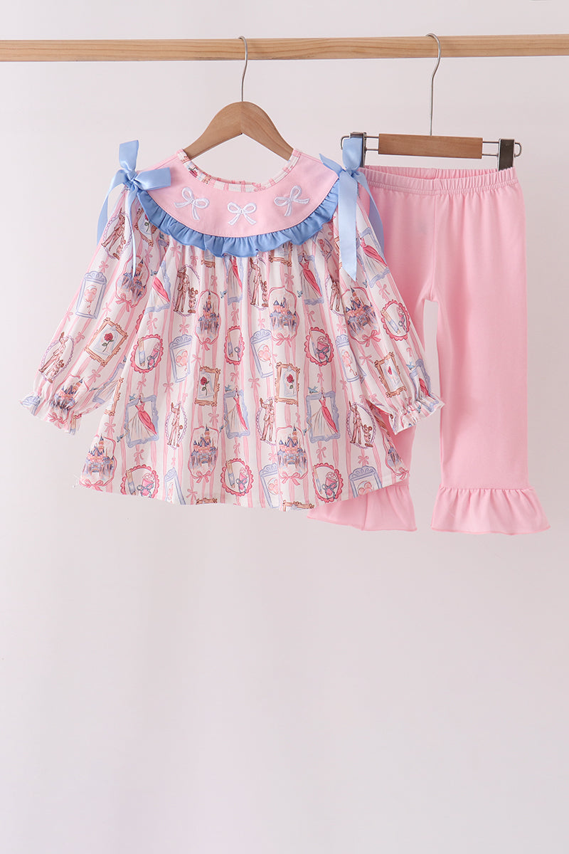Pink Character Bow Embroidery Ruffle Pants Set