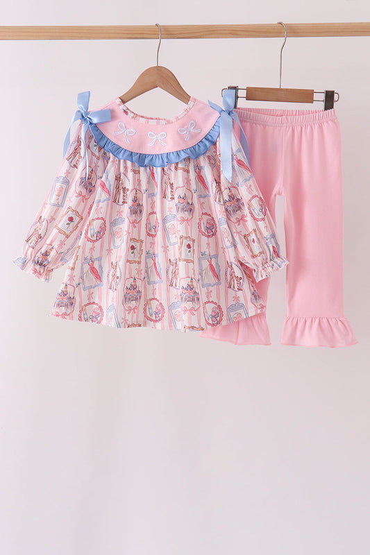 Pink Character Bow Embroidery Ruffle Pants Set