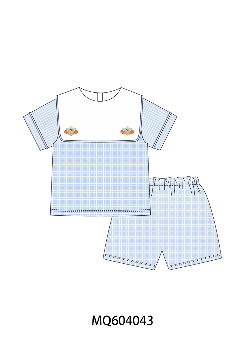 Blue turkey embroidery shorts set
