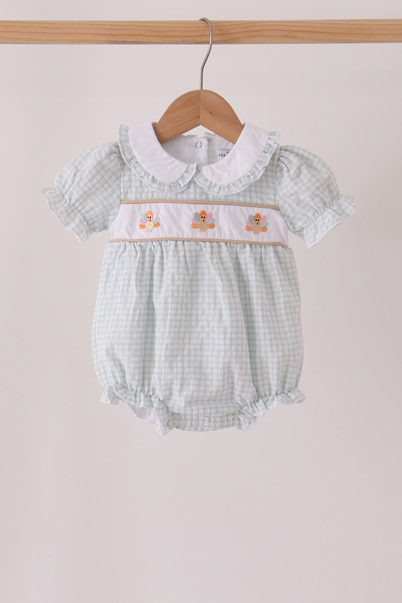 Green plaid turkey embroidery ruffle bubble