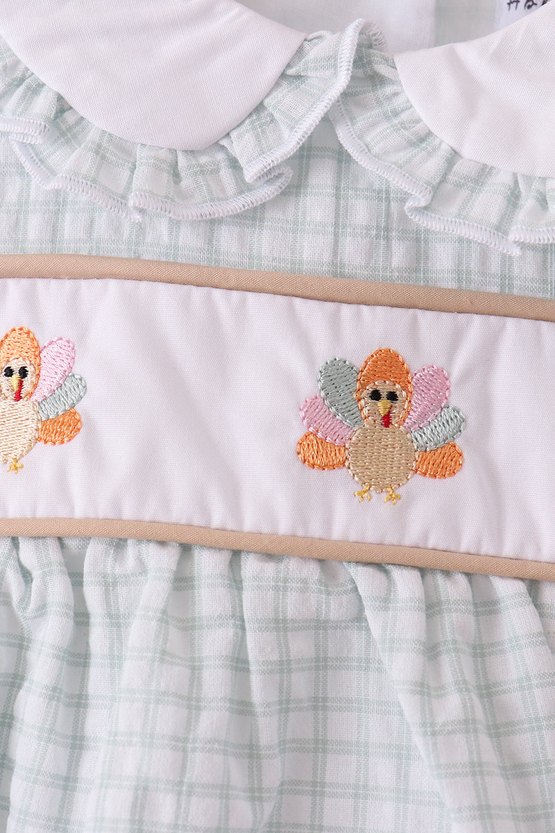 Green plaid turkey embroidery ruffle bubble
