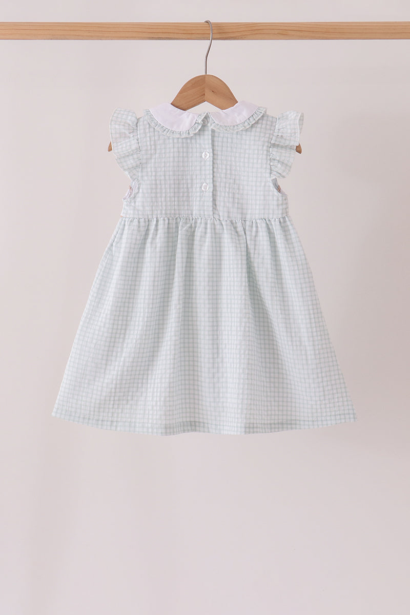 Green plaid turkey embroidery ruffle dress