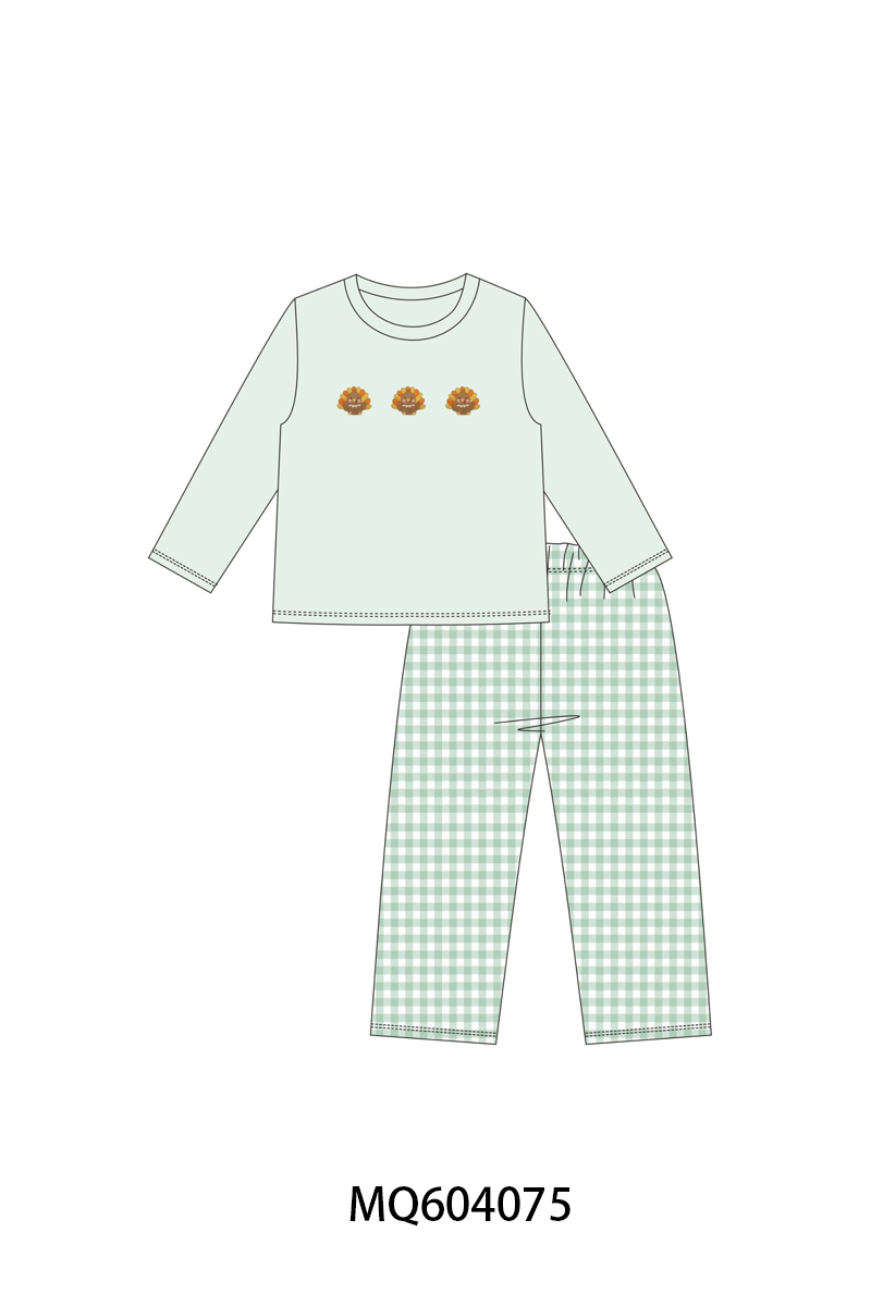 Green turkey embroidery gingham pants set