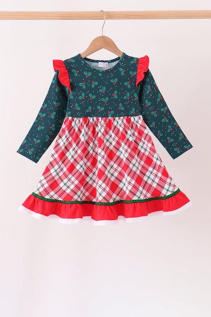 Forest holly plaid ruffle dress