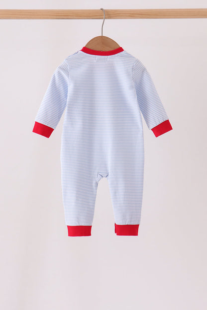 Blue stripe santa embroidery romper