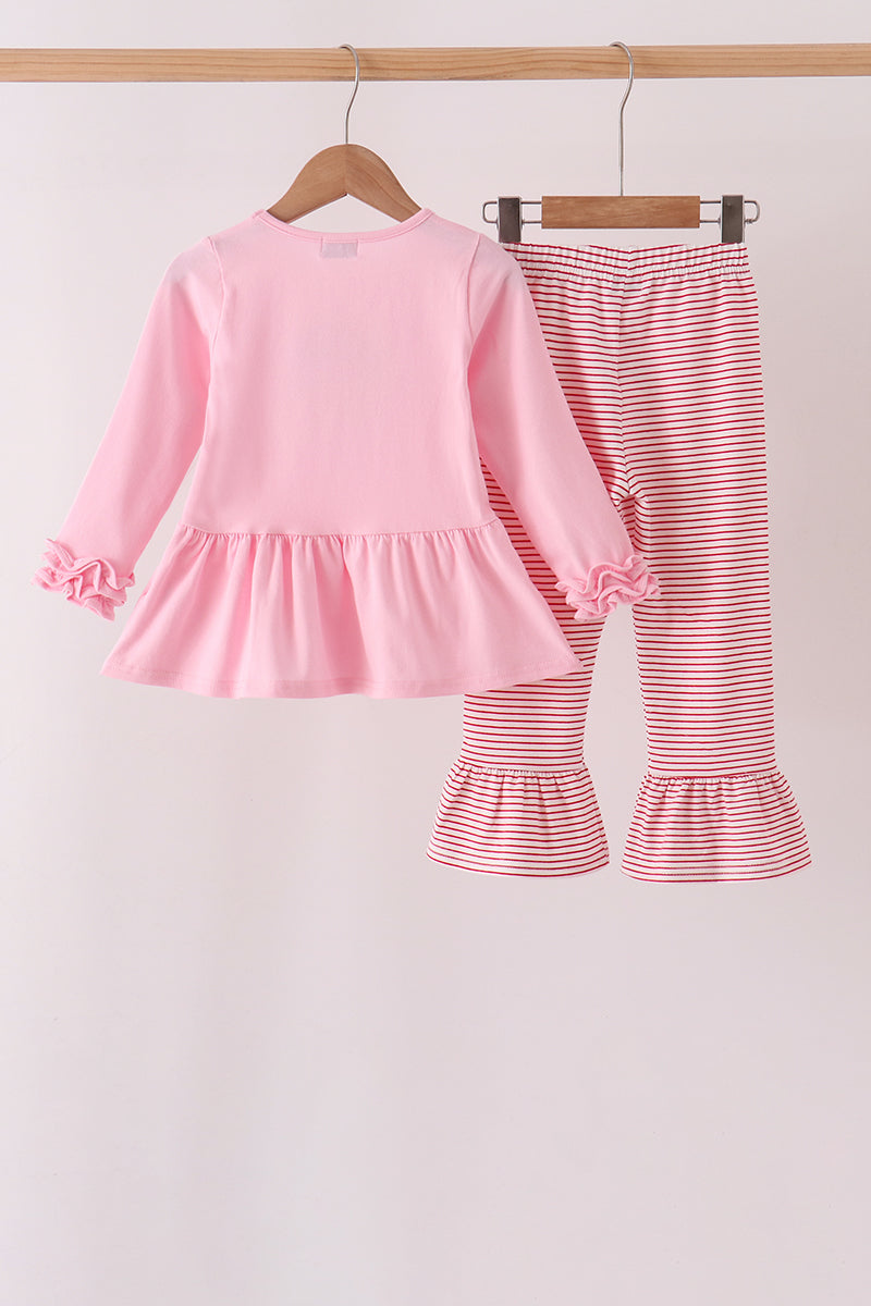 Pink stripe santa embroidery ruffle pants set