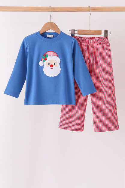 Blue santa embroidery gingham pants set