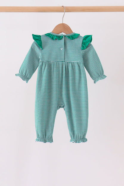 Green gingerbread embroidery stripe ruffle romper