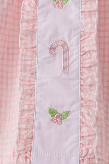 Pink candy cane holly embroidery plaid pants set